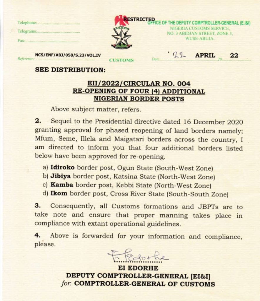 BREAKING F.G Reopens Idiroko, Jibiya, Kamba and Ikom border posts